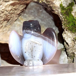 Owl Crystal Carving Figurine Druzy Agate Grey White